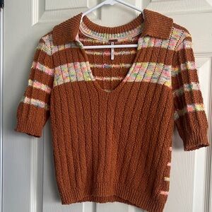 Free People Rust Brown V-Neck Short Sleeve Sweater with Multicolor Accents